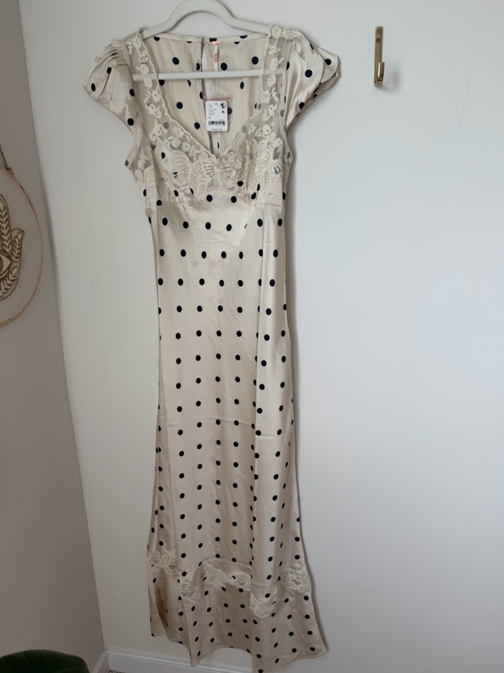 Viral Free people cream black Polka Dot Butterfly Lace-Trim Satin Maxi Dress